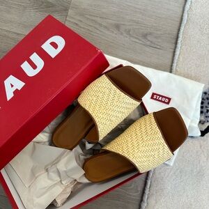 New STAUD Nevil raffia and leather sandals